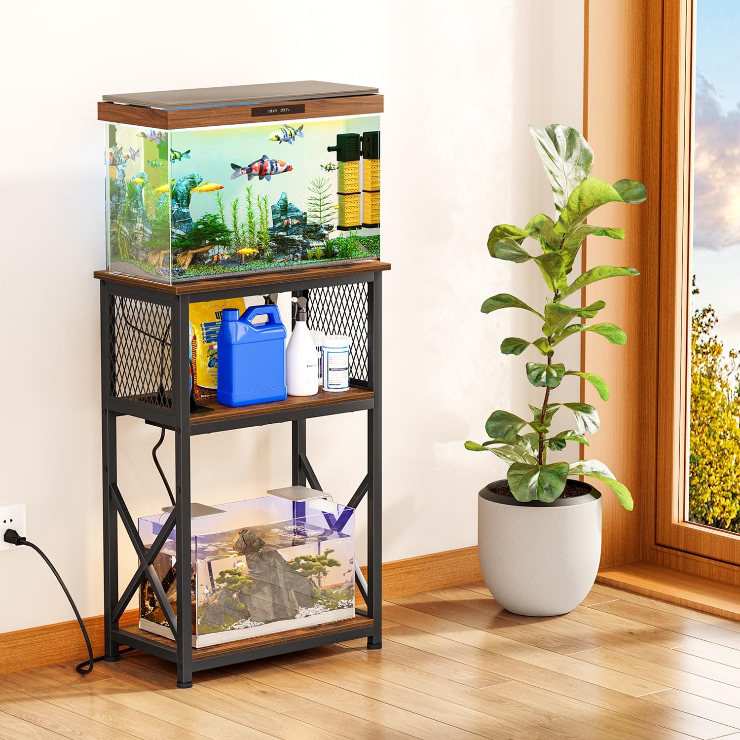 Bottom tier storage on Snughome stand supporting additional supplies.