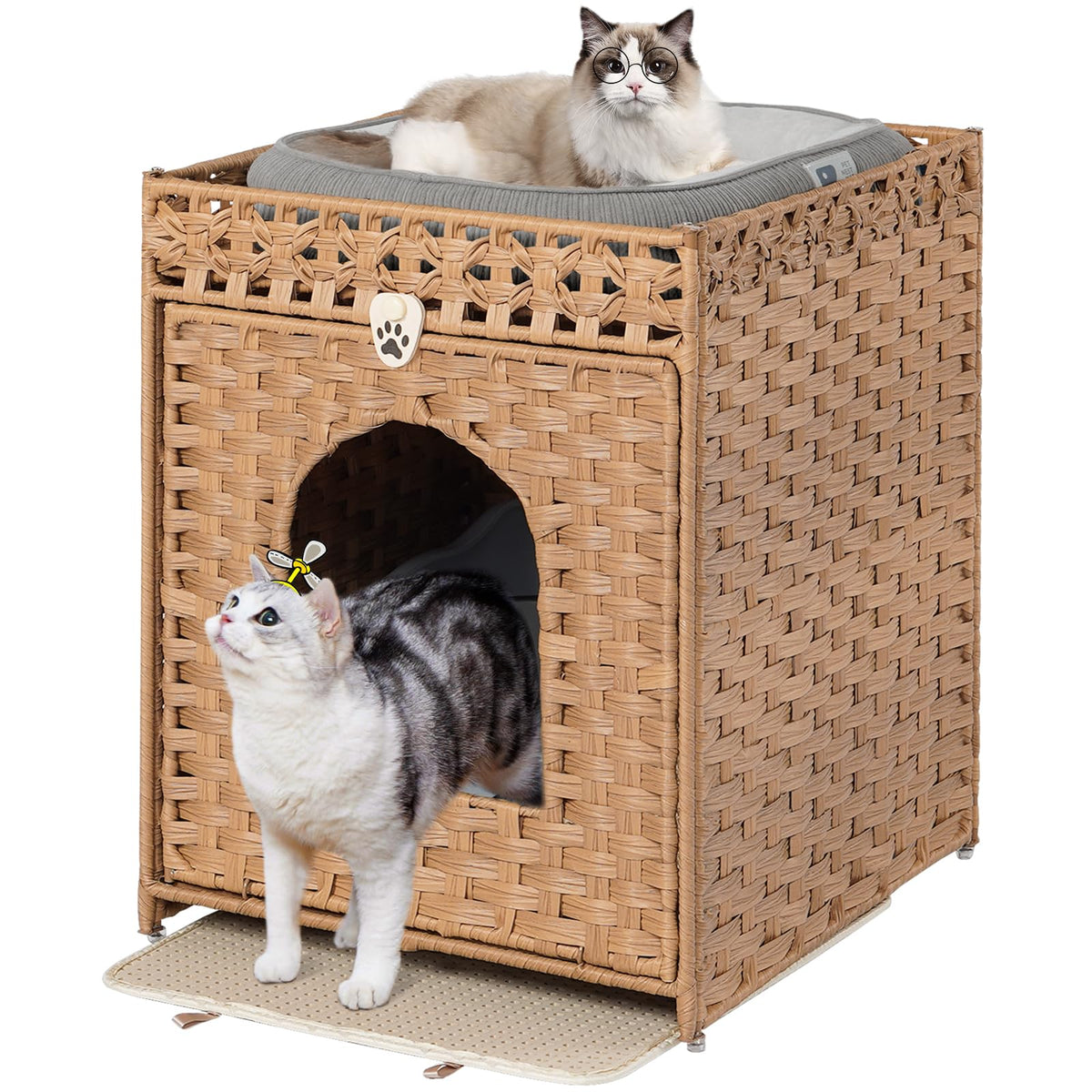 Snughome cat litter box enclosure shows handwoven rattan texture for a cozy private space