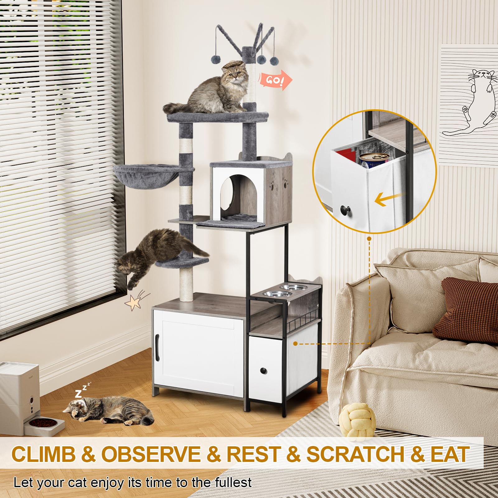 Snughome cat tree hammock basket adds cozy comfort for peaceful naps.