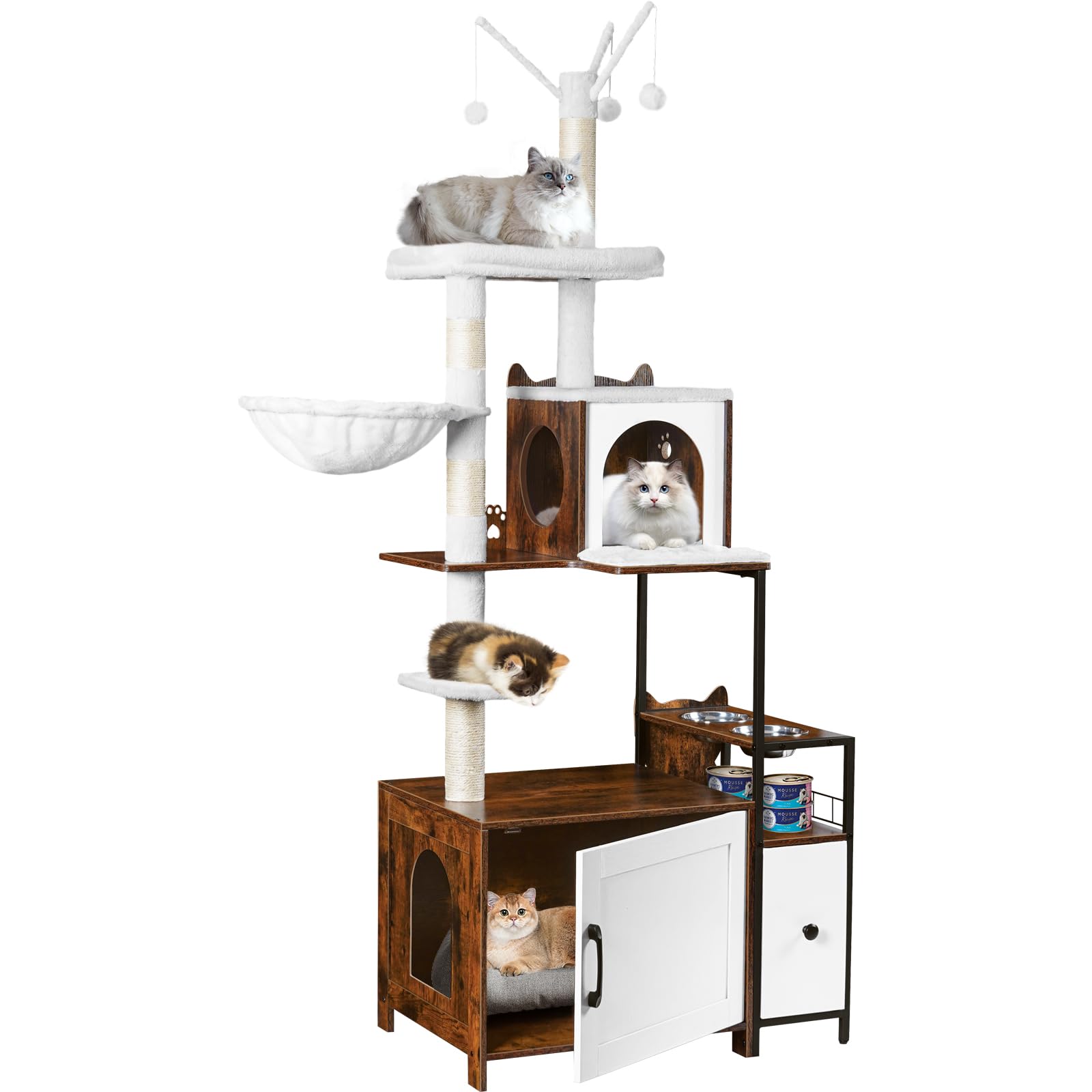 Snughome cat tree with litter box enclosure showing hidden tray design for neat rooms