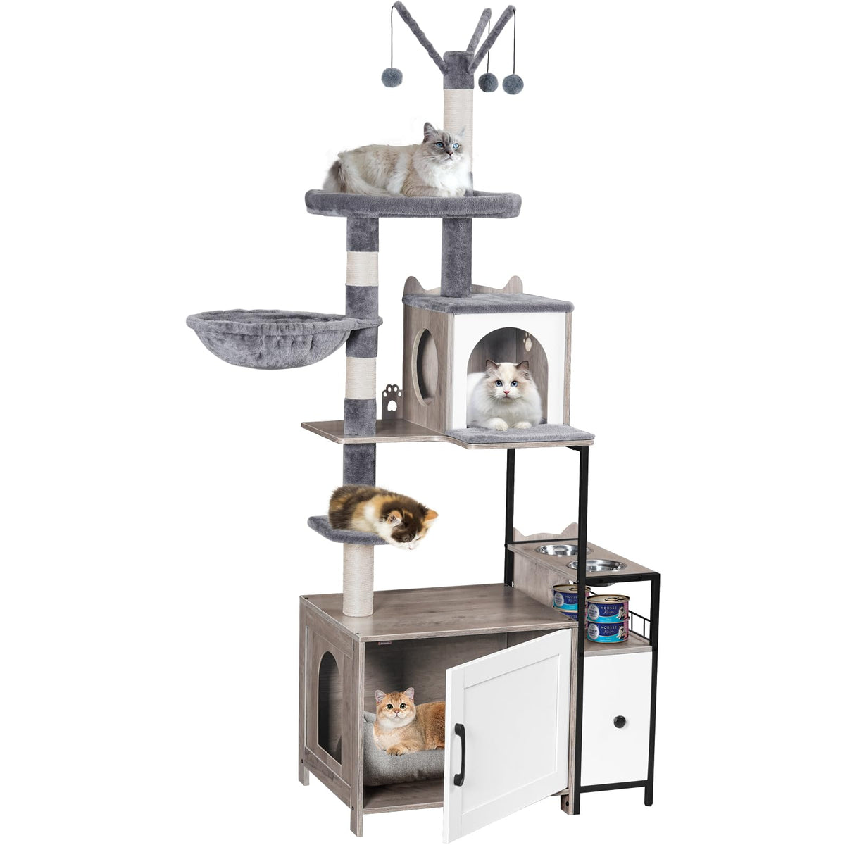 Snughome cat tree with litter box enclosure keeps litter hidden and room tidy.