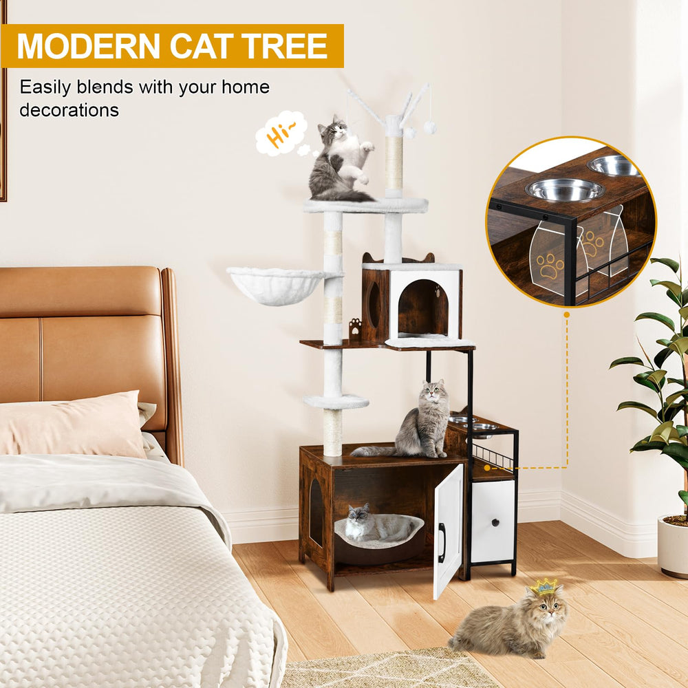 Snughome cat tree storage cabinet hides litter, food, and toys