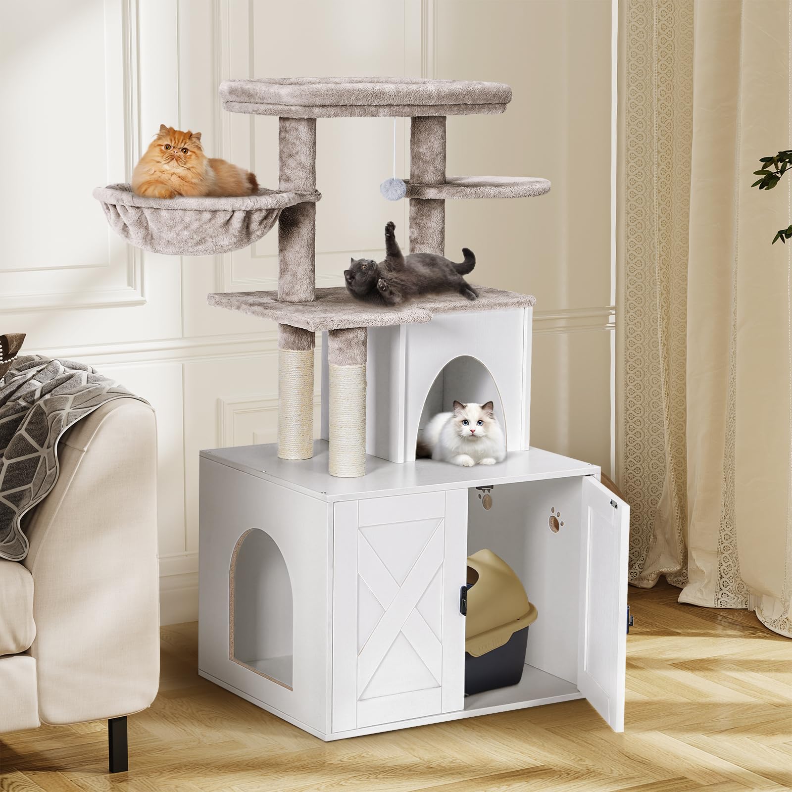 Snughome magnetic cabinet doors simplify litter scoop access and storage.