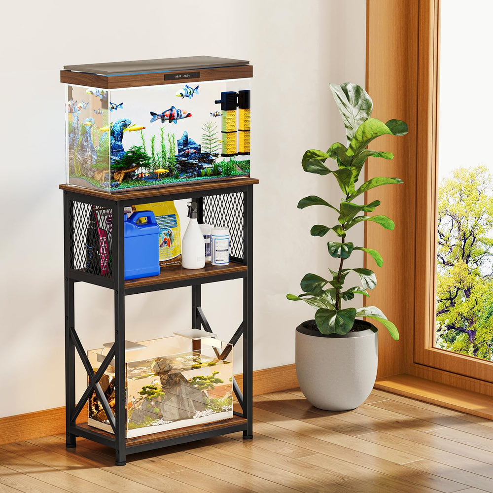 Snughome rustic brown aquarium stand front view highlighting compact footprint.