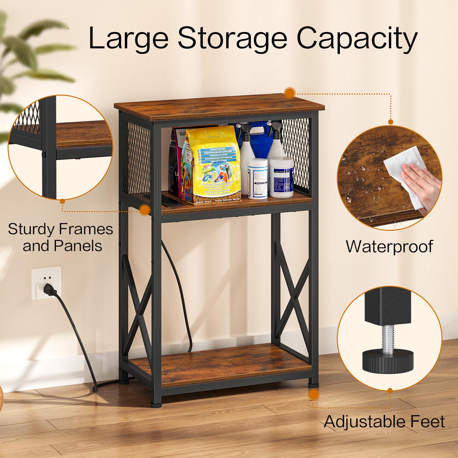 Rustic brown finish of Snughome stand complements various decor styles.