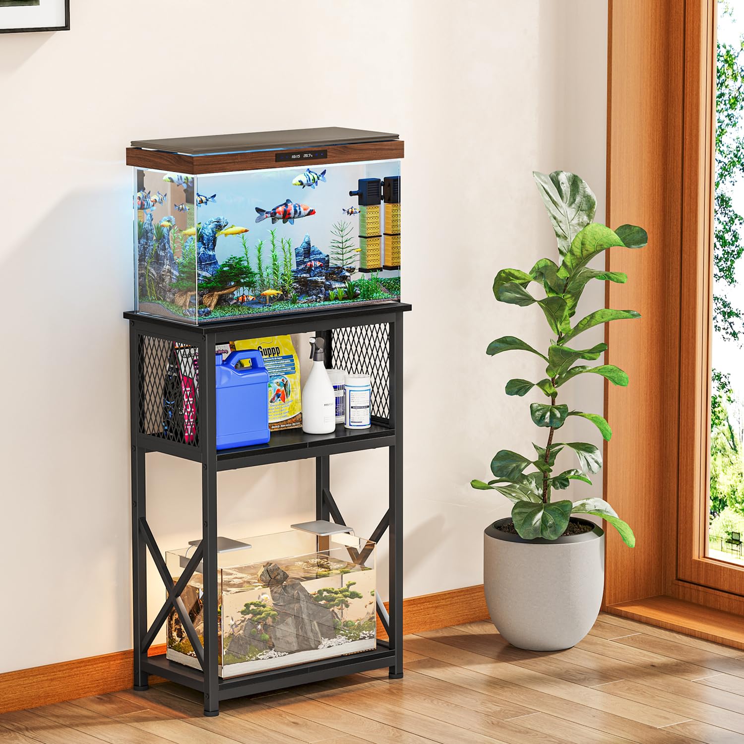 Snughome stand side view highlights the middle shelf for easy gear access