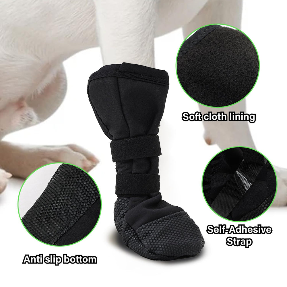 Snugrance dog paw boot worn on a dog, demonstrating full coverage and protection.