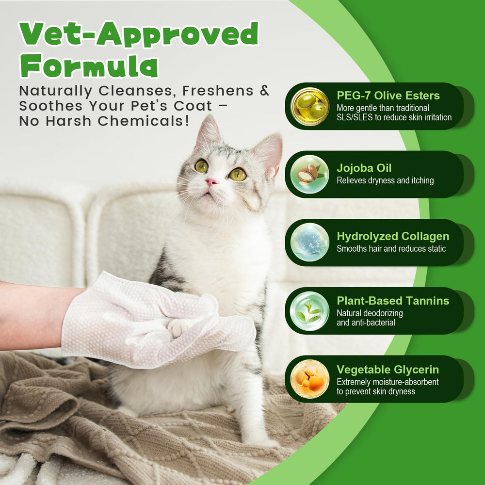 SnugTail Pet Glove Wipes on a paw, removing dirt and dander easily.
