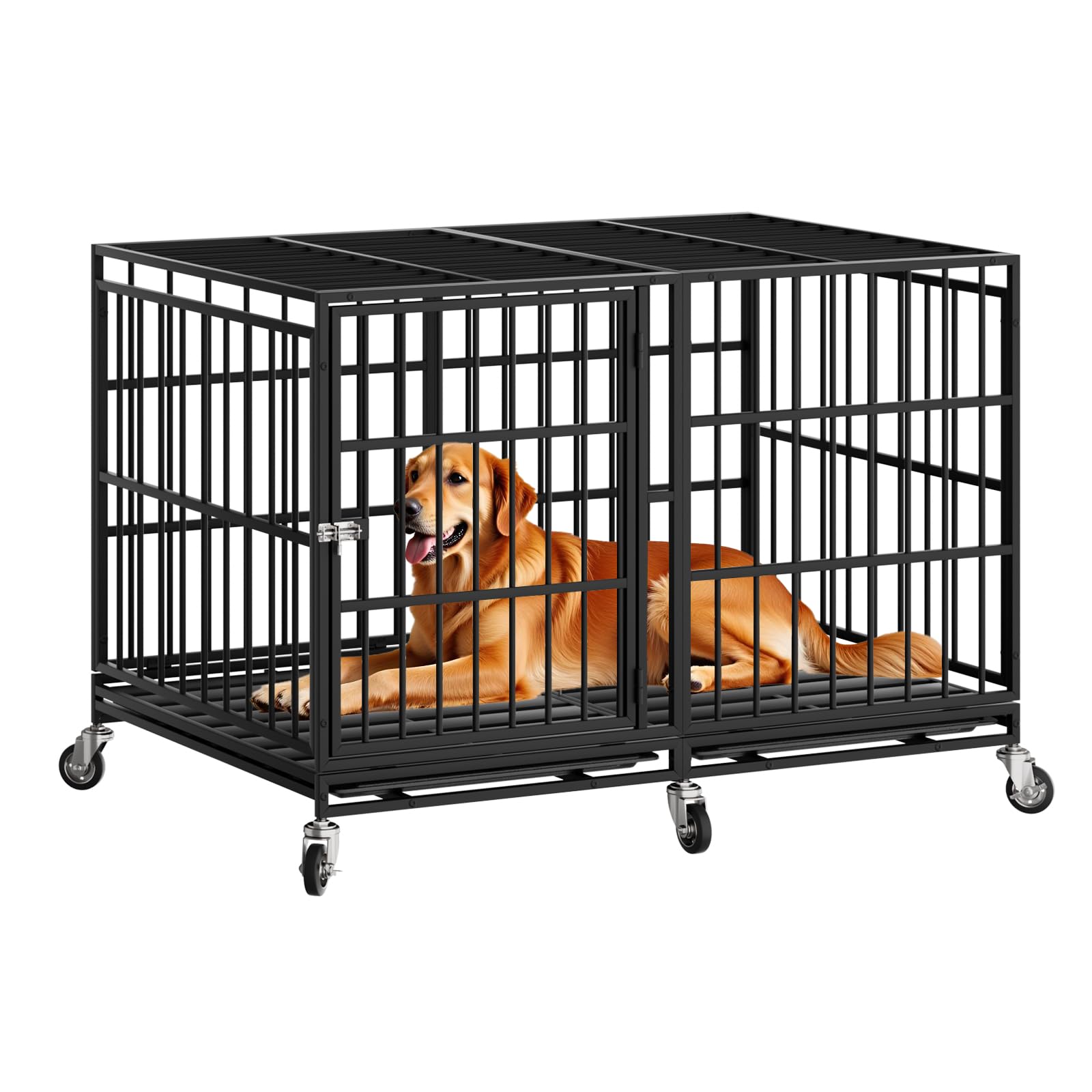 Snuowu 48-inch dog crate with wheels for easy mobility and secure confinement.