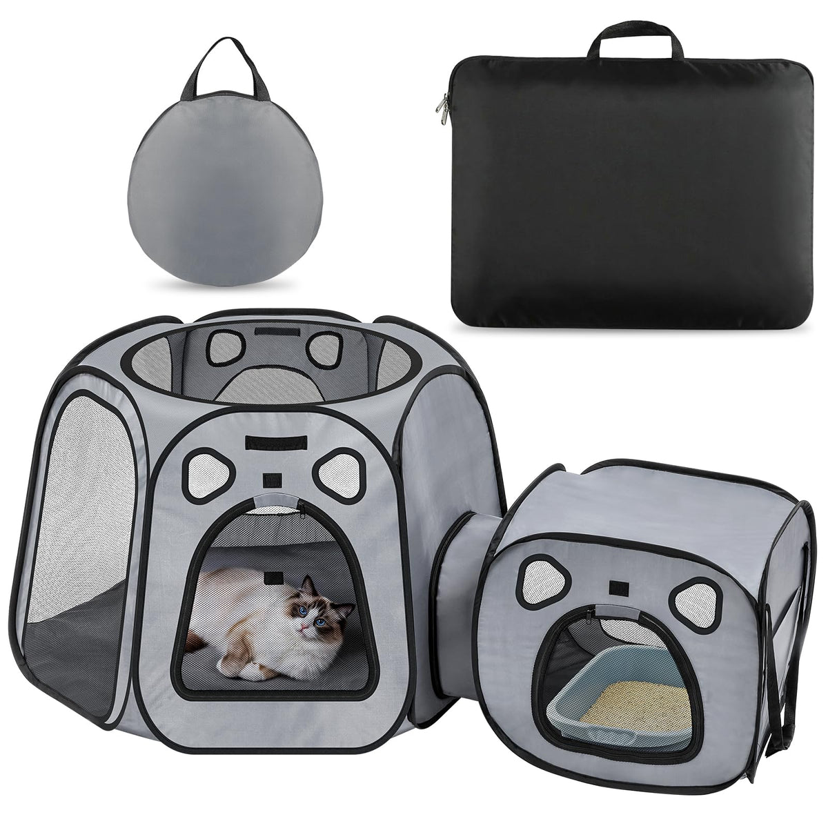 Snuvid Cat Playpen with dual zones showing separate play and litter areas for cleaner homes