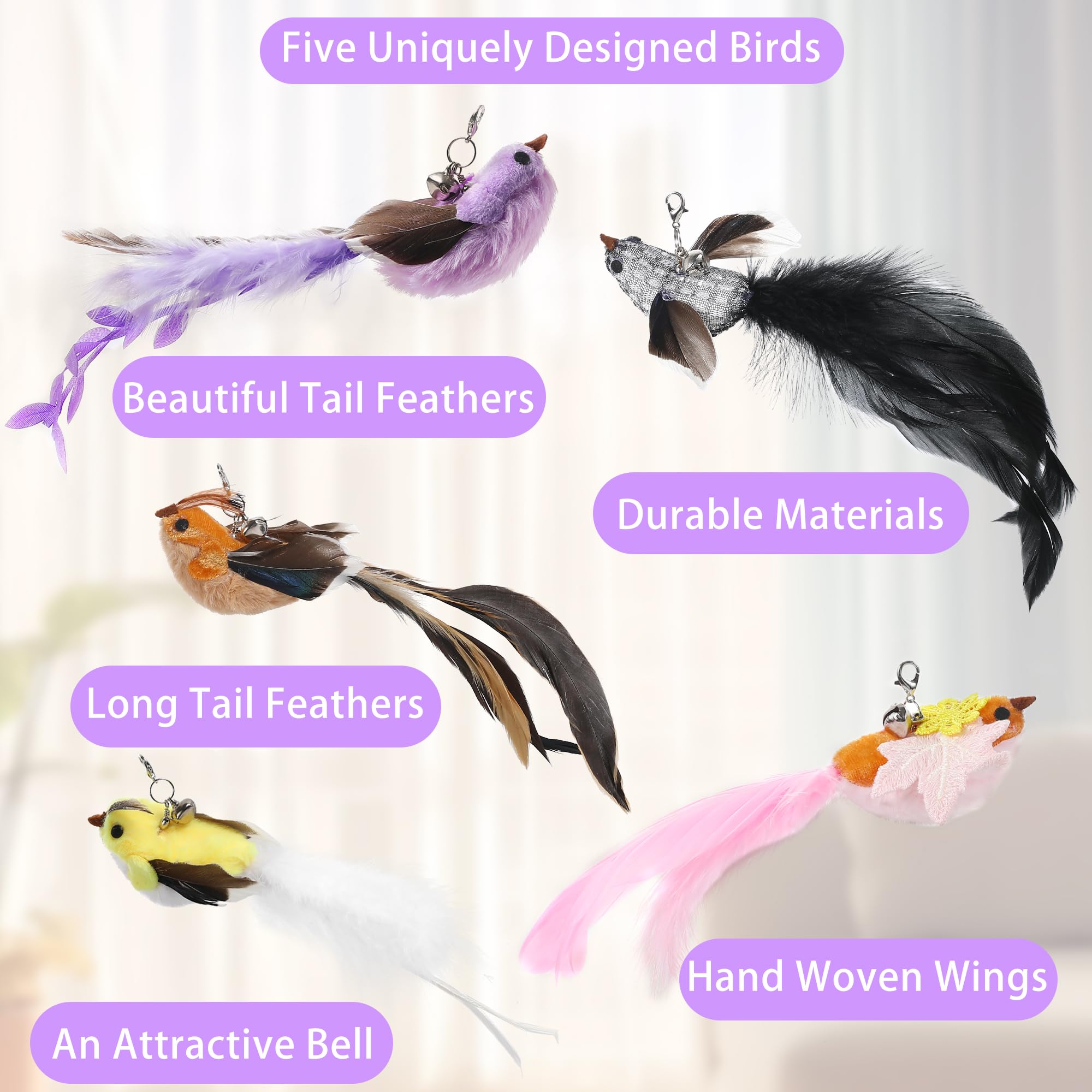 Soarer vivid flying bird toys with feather-like texture to attract feline attention.
