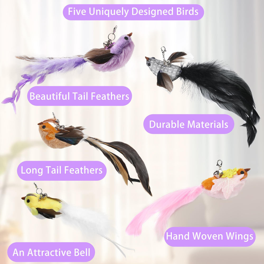 Soarer vivid flying bird toys with feather-like texture to attract feline attention.