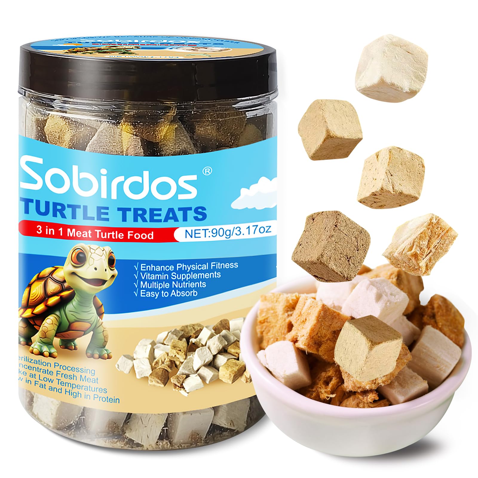 Sobirdos Turtle Treats with fresh meat for turtles, supporting balanced nutrition.