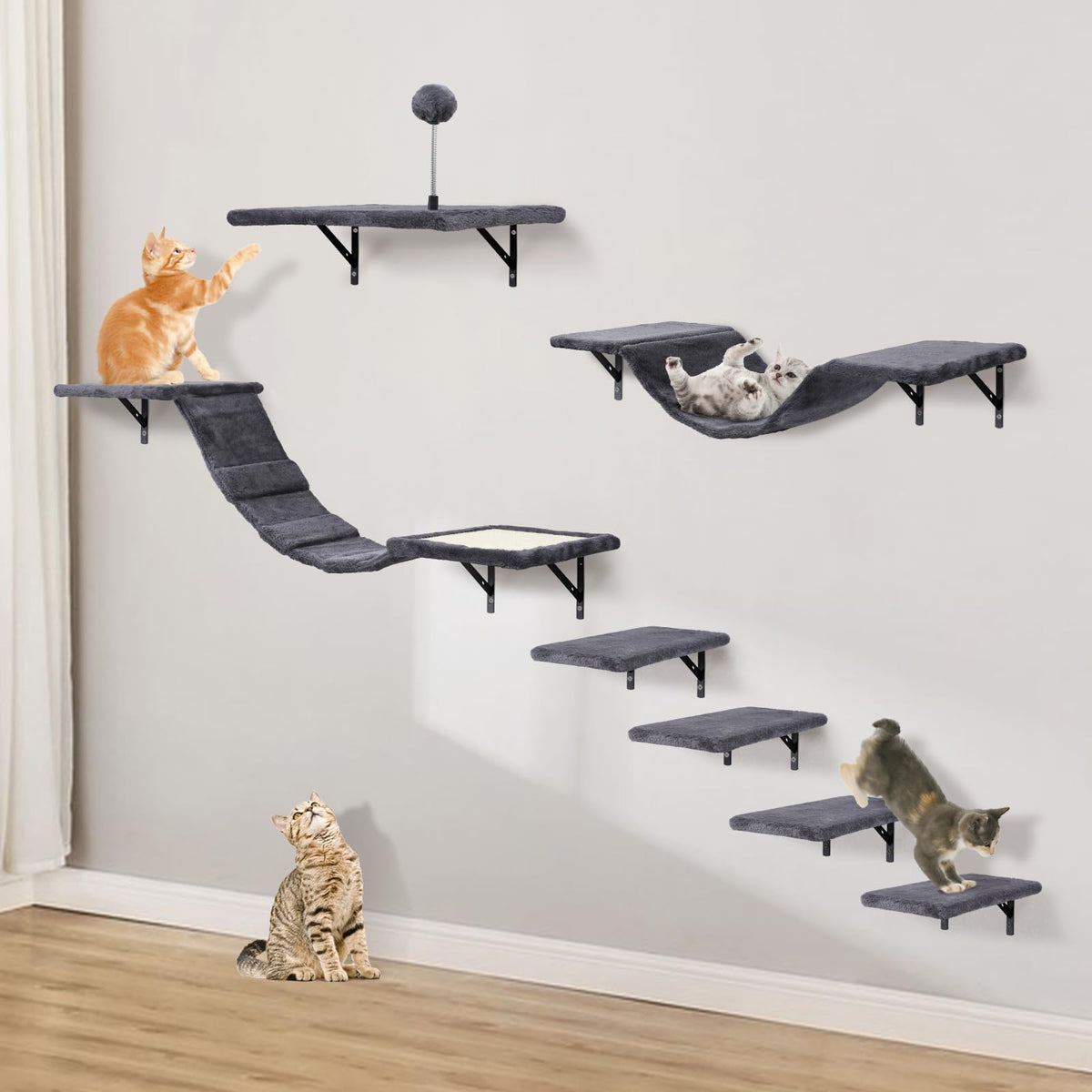 Sobly wall-mounted cat climber set with shelves, ideal for independent climbing and cozy naps.