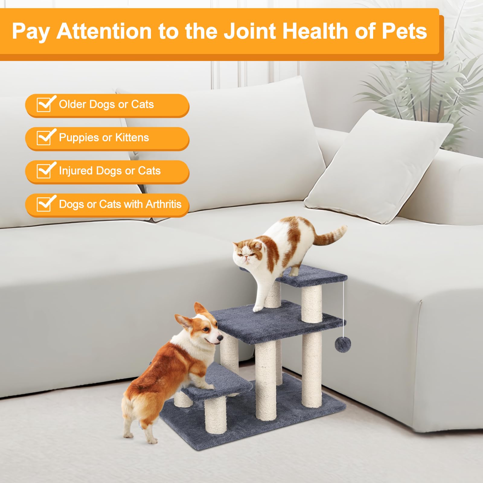 SOCATER cat scratching post 3-step grey with sisal rope