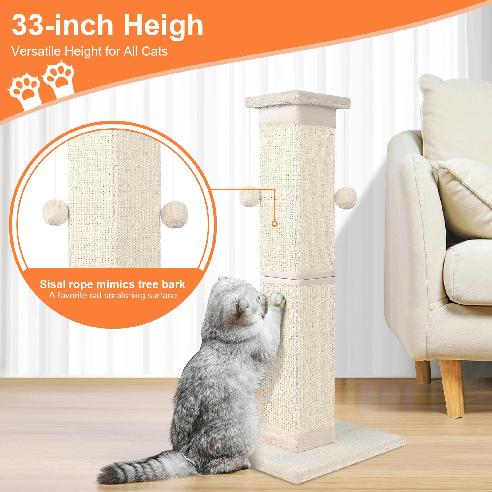 SOCATER sturdy cat scratch post ideal for indoor cats and furniture protection.