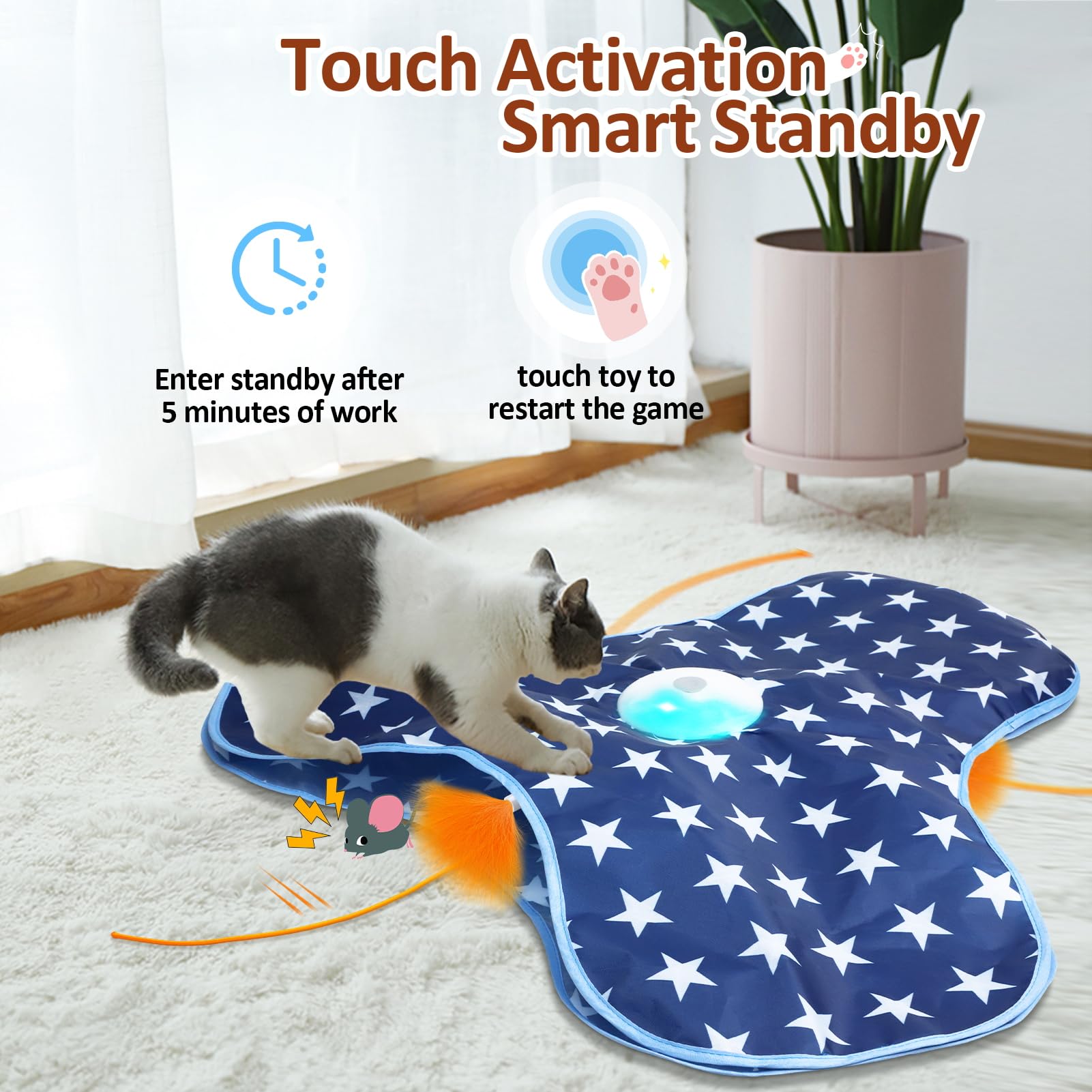 Sofolor rechargeable cat toy with USB-C charging for extended self-play.