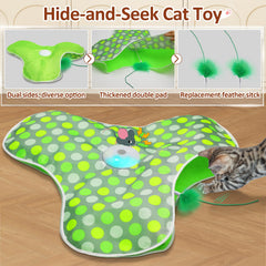 Sofolor hide-and-seek mat invites pounces with feather moving beneath surface.