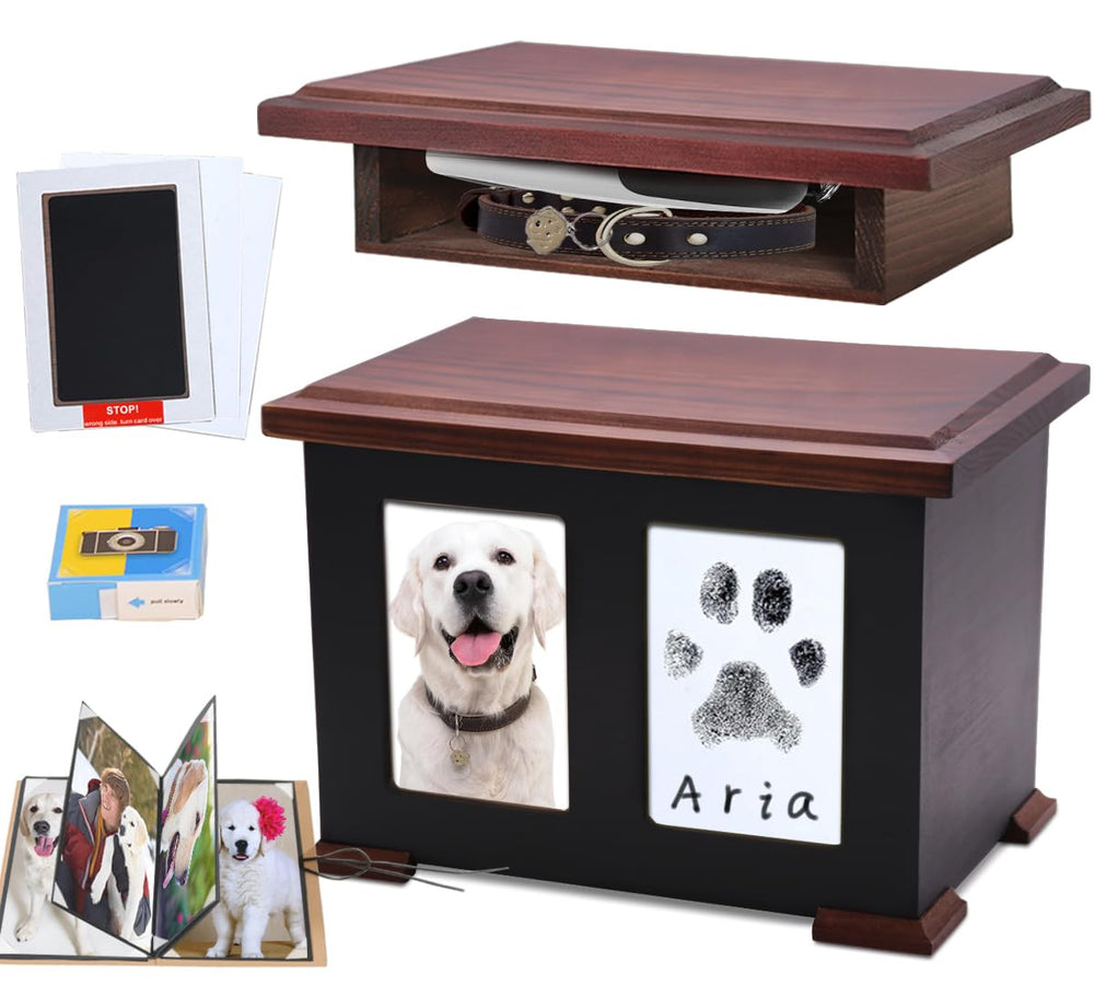 Sofunii dog urn front view in warm pine wood, a dignified memorial keepsake.