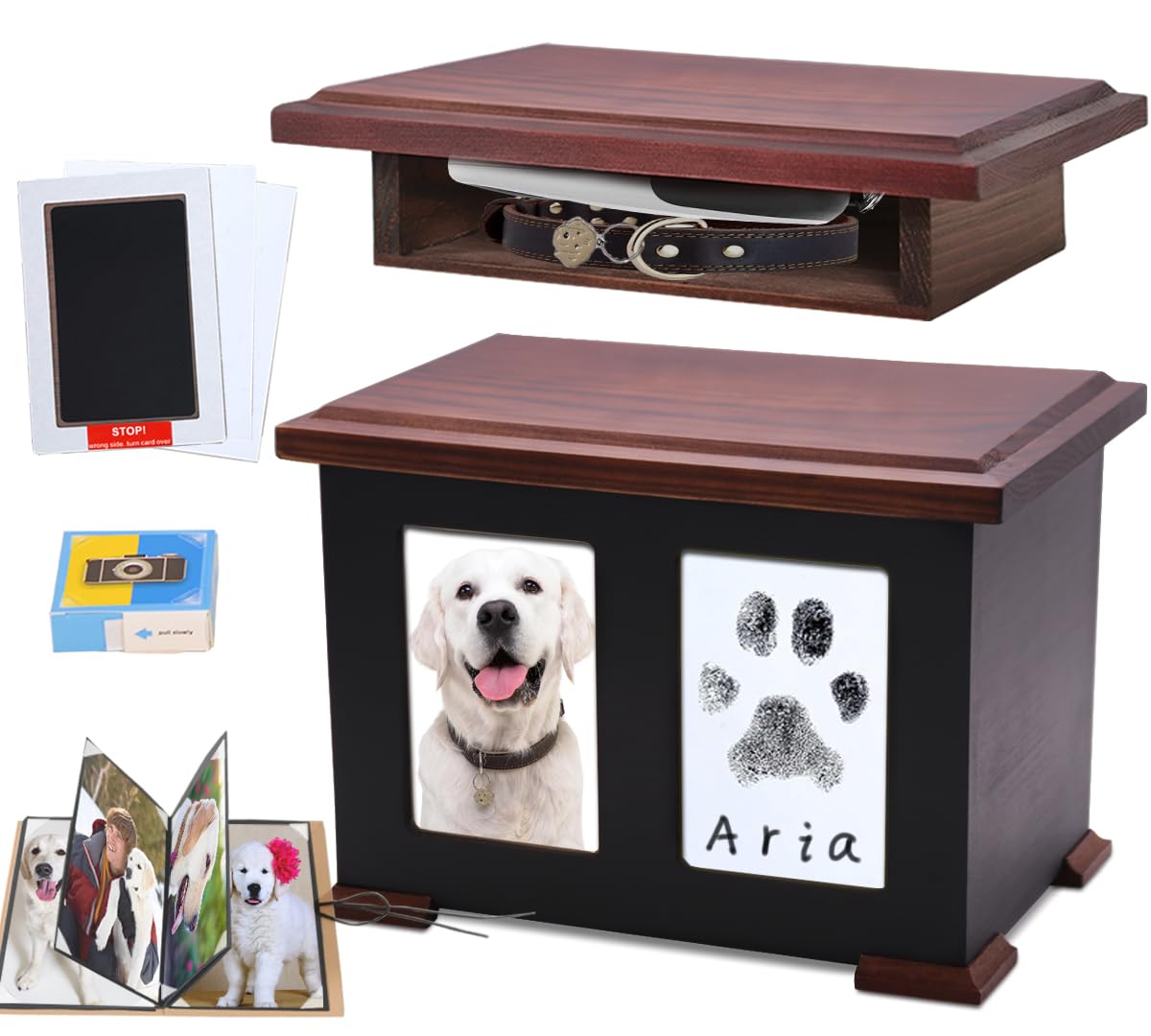 Sofunii dog urn front view in warm pine wood, a dignified memorial keepsake.