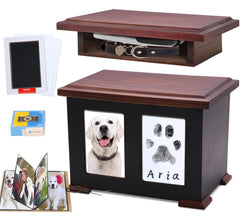 Sofunii dog urn front view in warm pine wood, a dignified memorial keepsake.