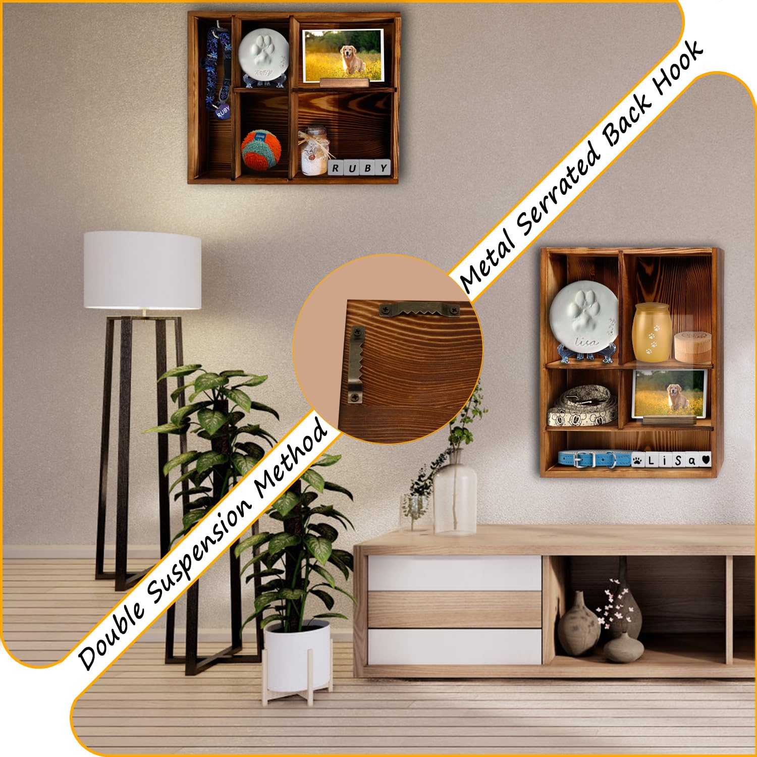 Photo stand and keepsakes arranged inside the Sofunii memorial shadow box