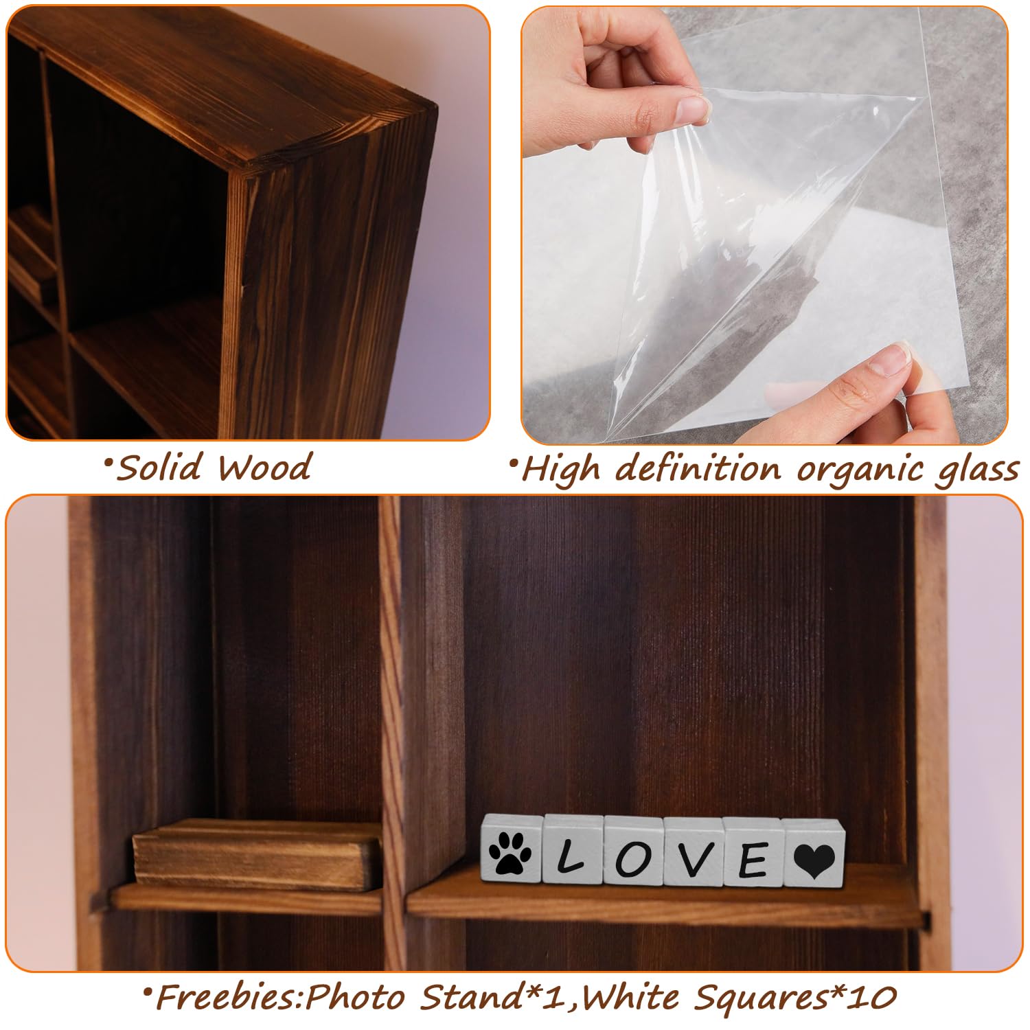 Plexiglass dust cover keeps contents visible and protected