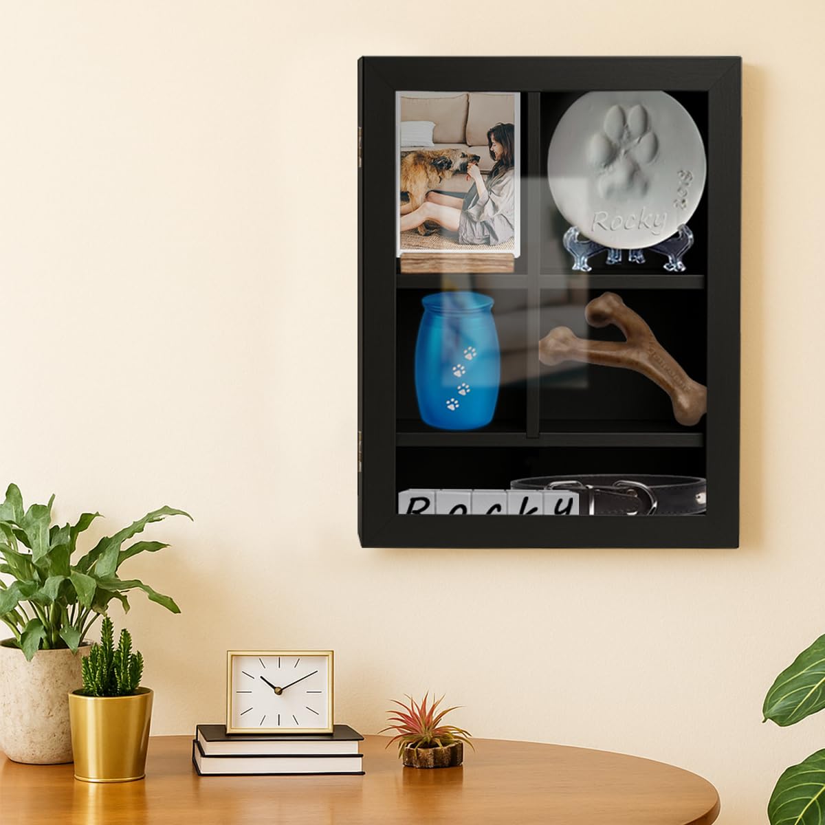 Sofunii pine wood shadow box with adjustable shelves for pet keepsakes