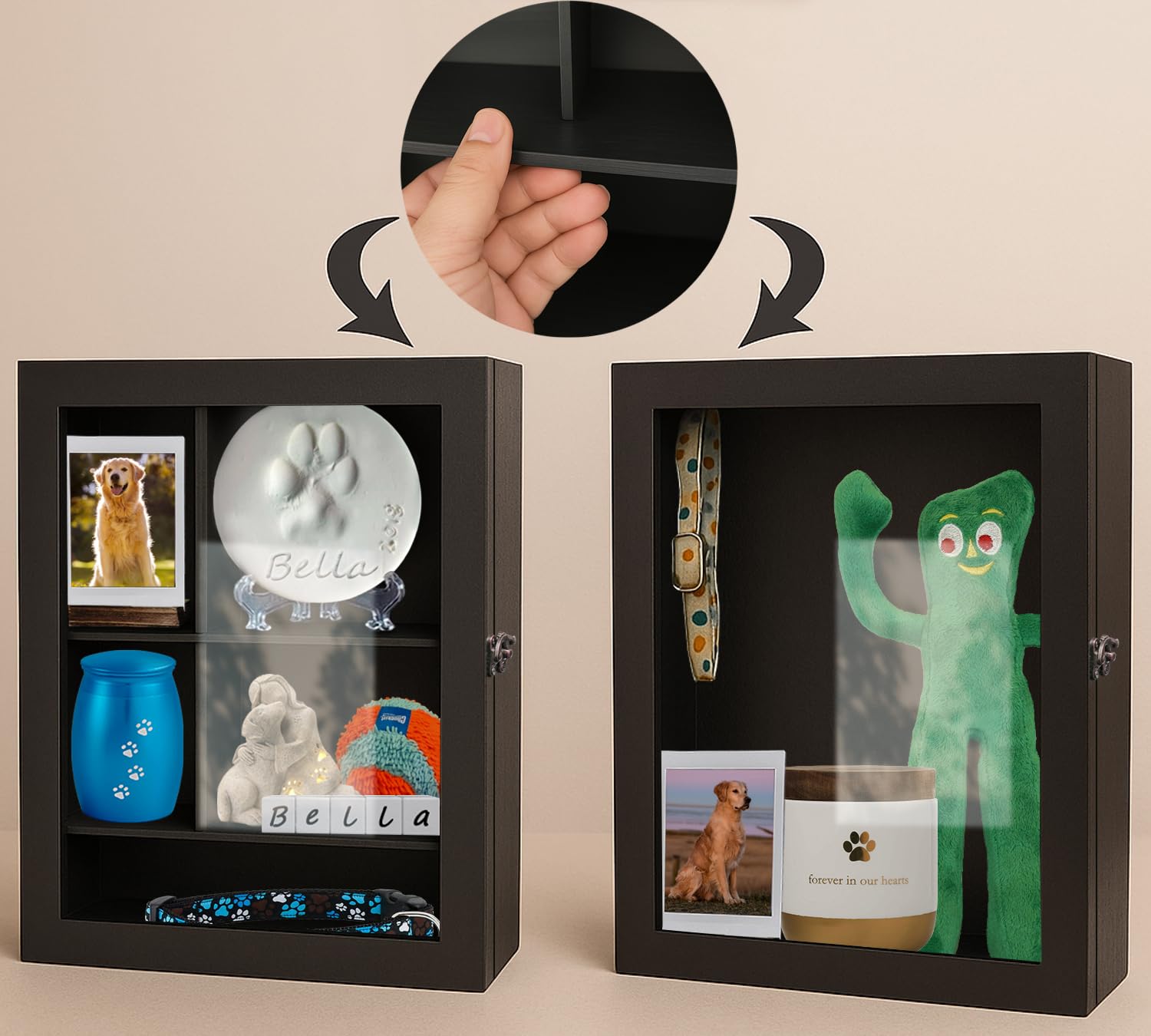 Sofunii shadow box includes photo stand for display