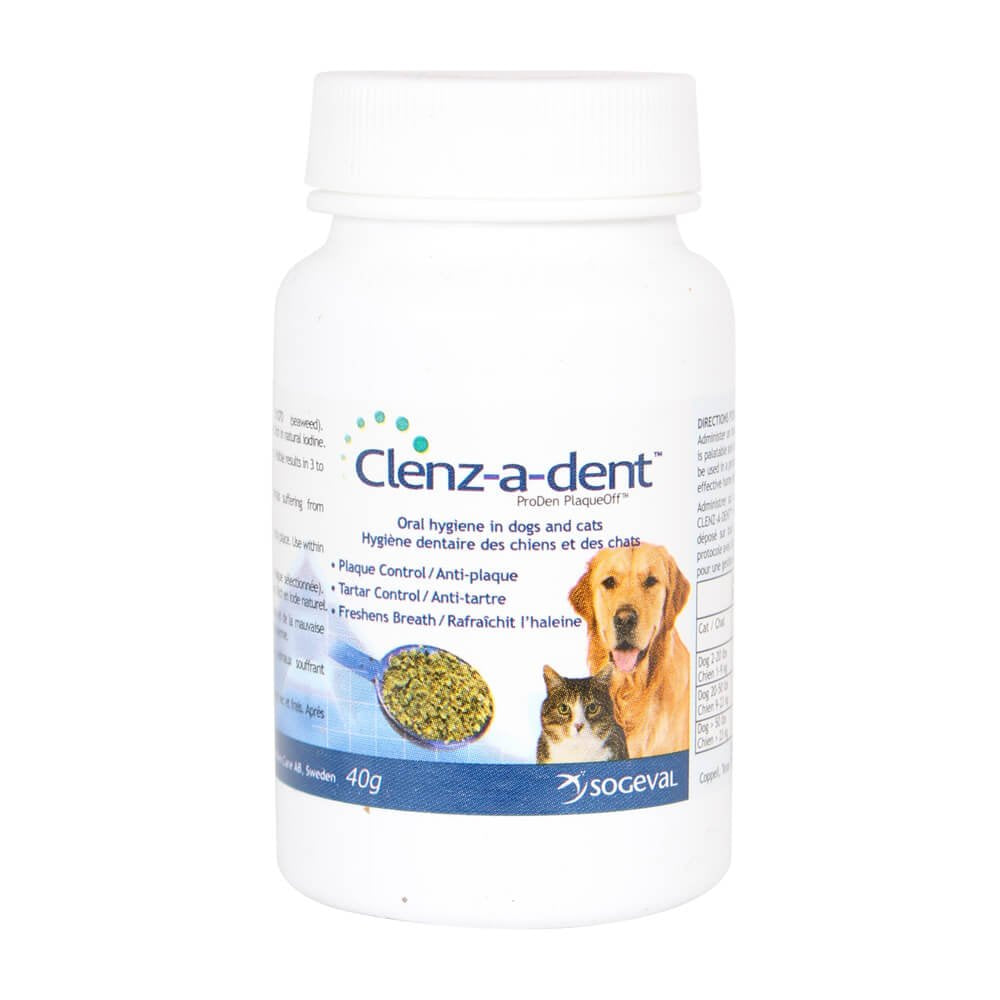 Sogeval Clenz-A-Dent flakes packaging demonstrates seaweed-based formula for fresh breath.