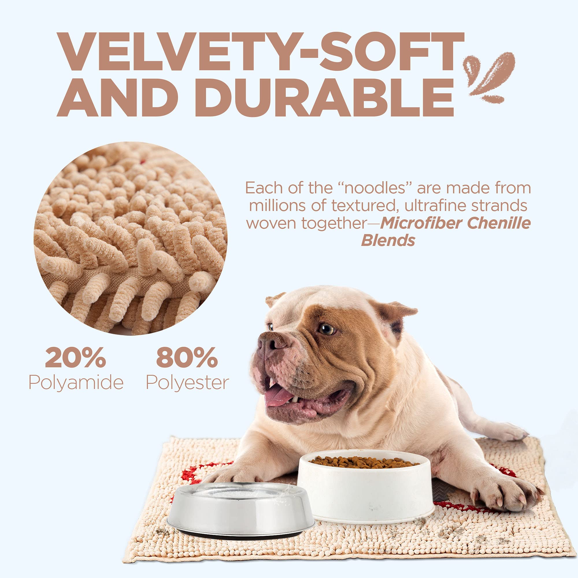 Soggy Doggy Slopmat chenille dries fast to reduce odors.