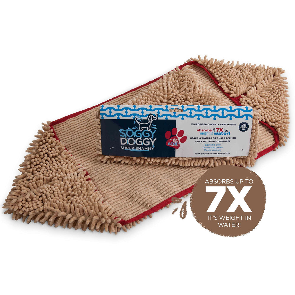 Soggy Doggy beige towel with red trim adds stylish touch.