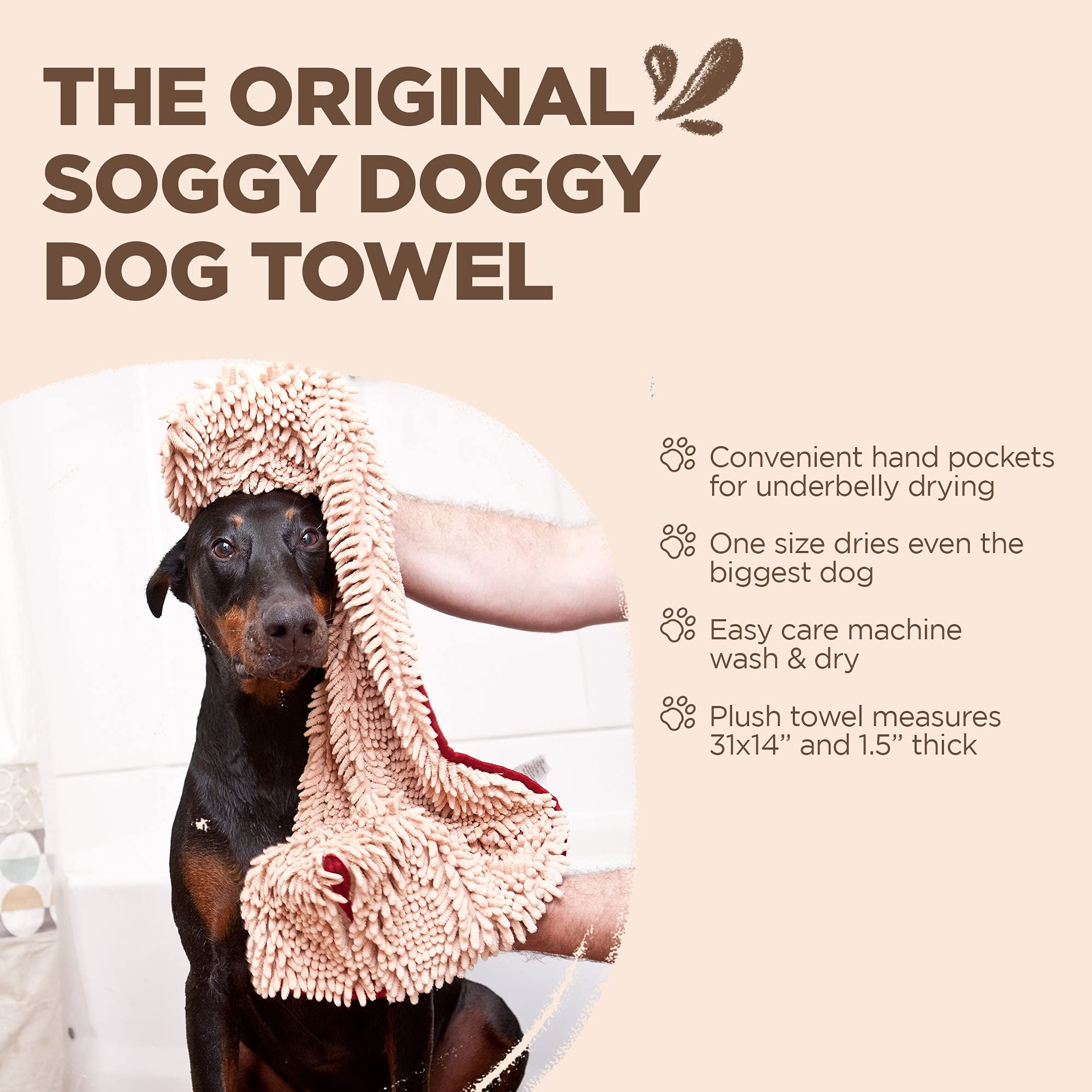 Soggy Doggy towel offers soft chenille comfort on coats.