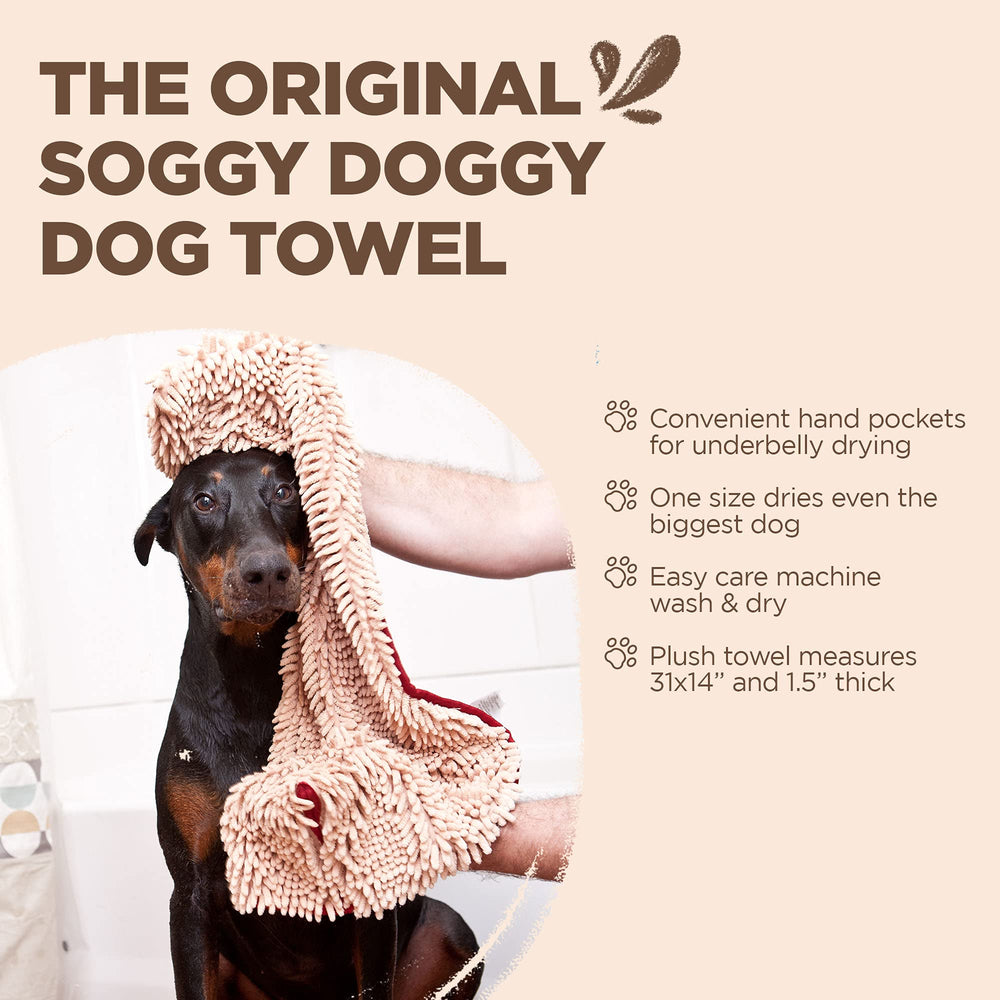 Soggy Doggy towel offers soft chenille comfort on coats.