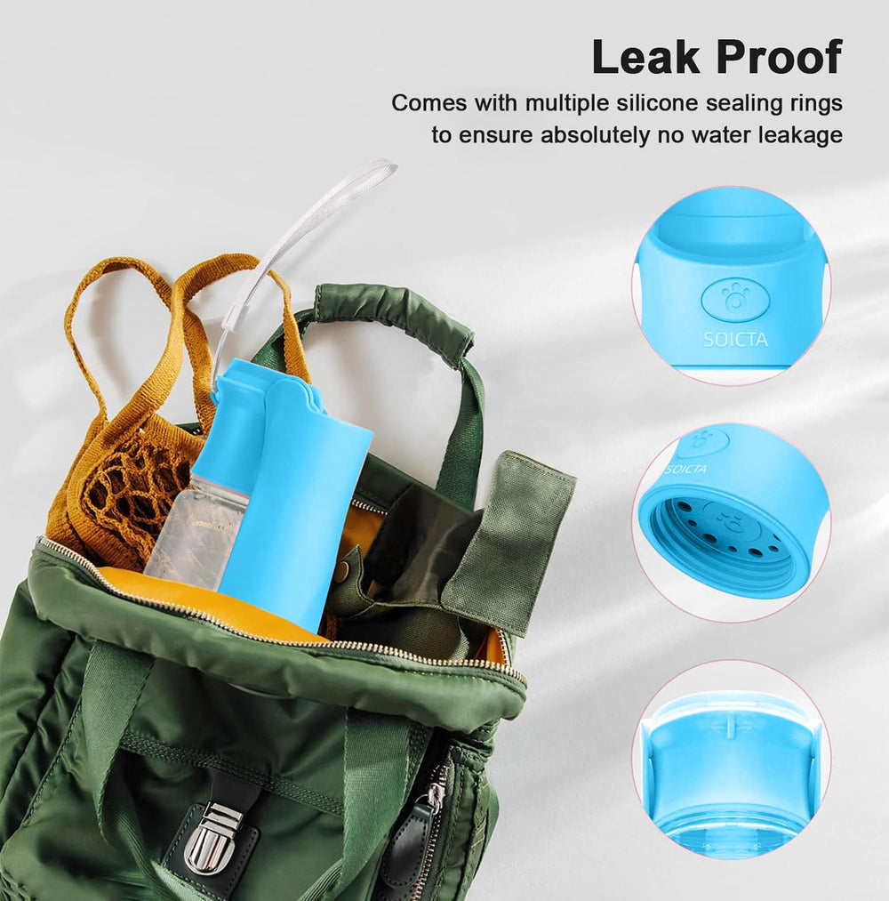 SOICTA leak-proof dog water bottle with silicone rings prevents spills during walks.