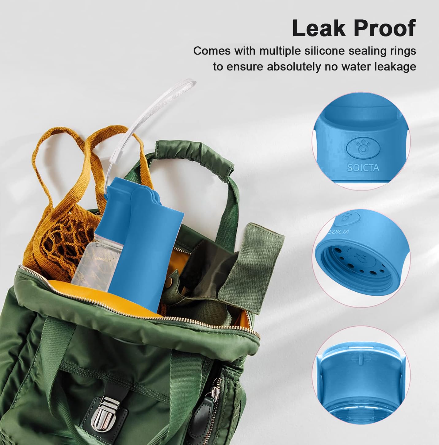 SOICTA leak-proof pet bottle showing silicone seals and cap safety