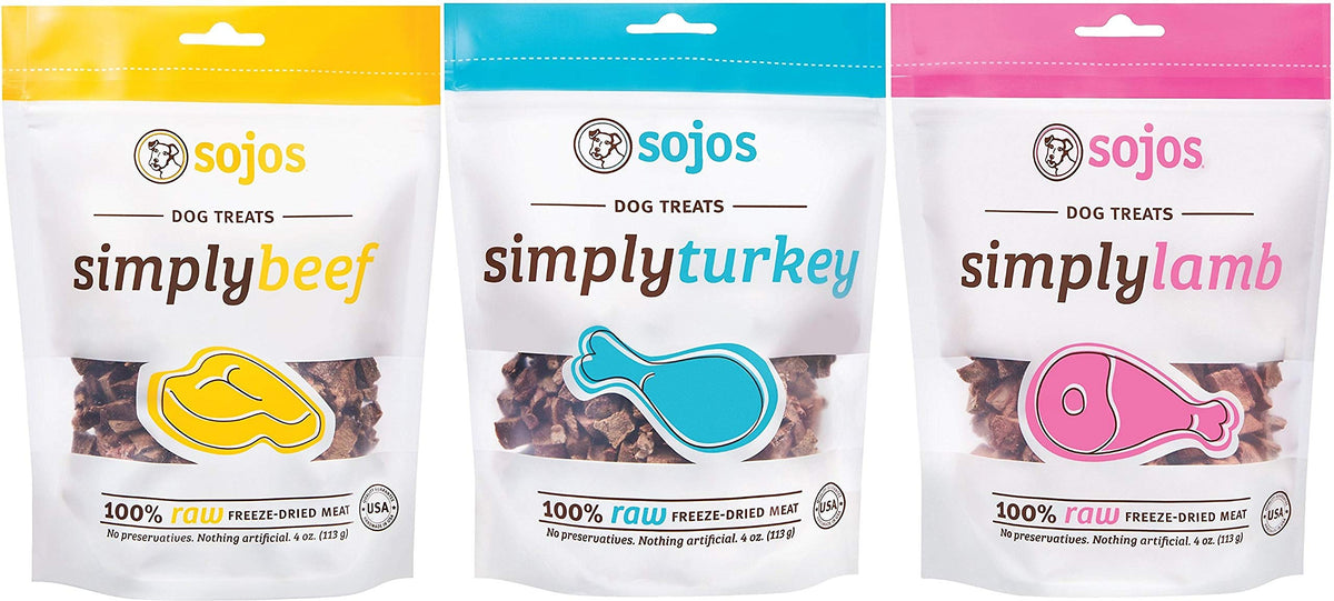 Sojos 3-flavor raw freeze-dried dog treats in beef, lamb, and turkey for training rewards.