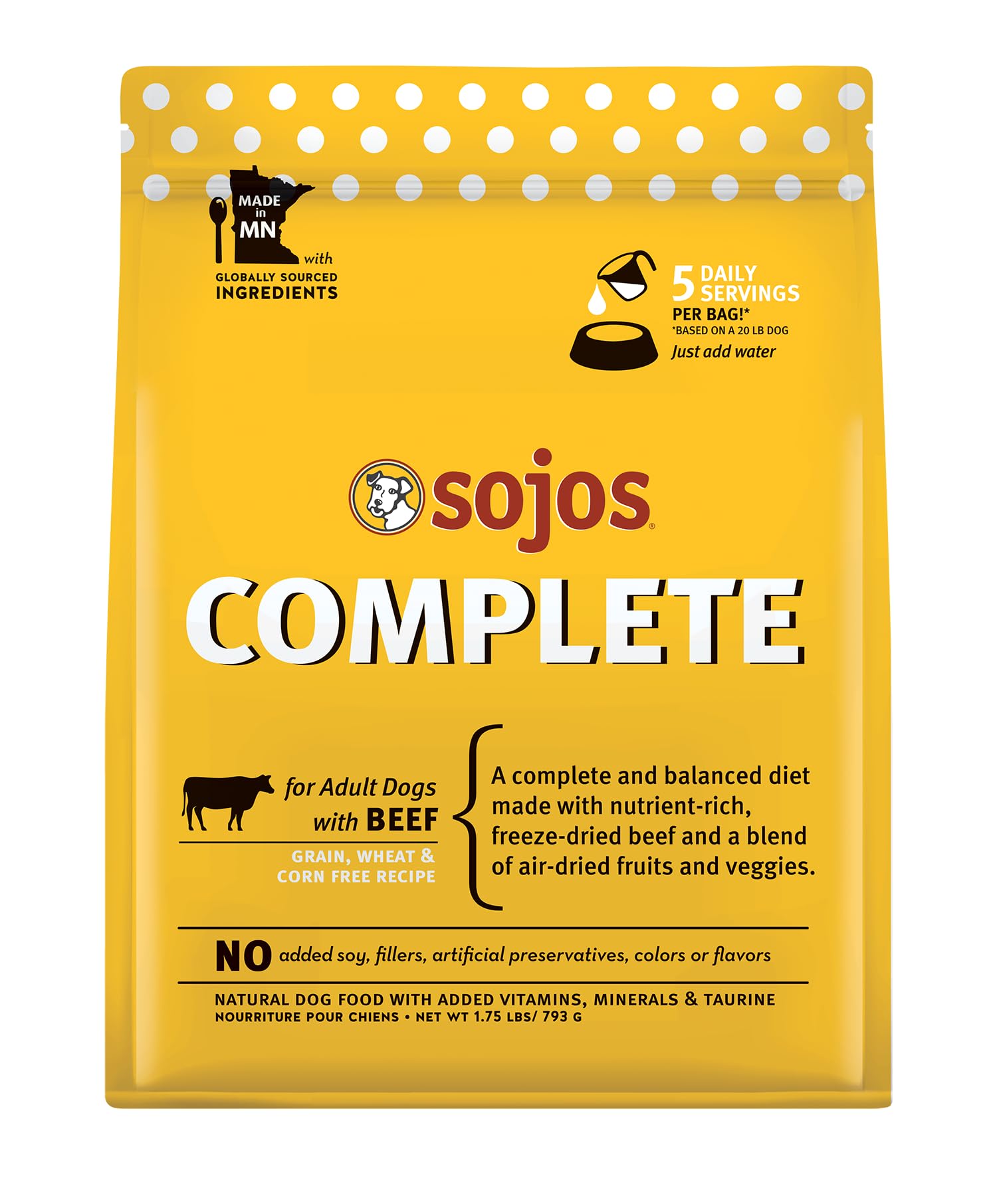 SOJOS beef recipe bag showing complete freeze-dried dog food with grain-free nutrition