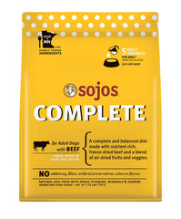 SOJOS beef recipe bag showing complete freeze-dried dog food with grain-free nutrition