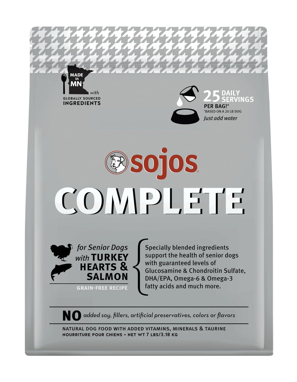 SOJOS Complete freeze-dried raw senior dog food bag showing compact packaging and shelf-stable convenience
