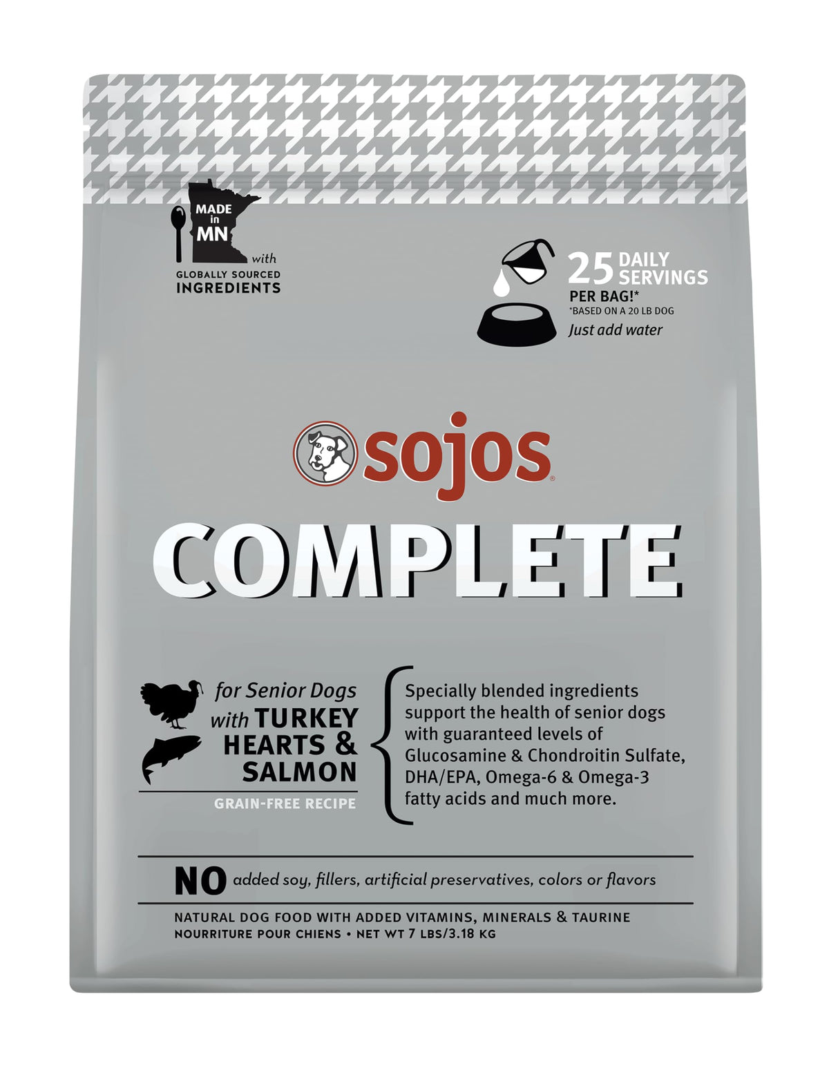 SOJOS Complete freeze-dried raw senior dog food bag showing compact packaging and shelf-stable convenience