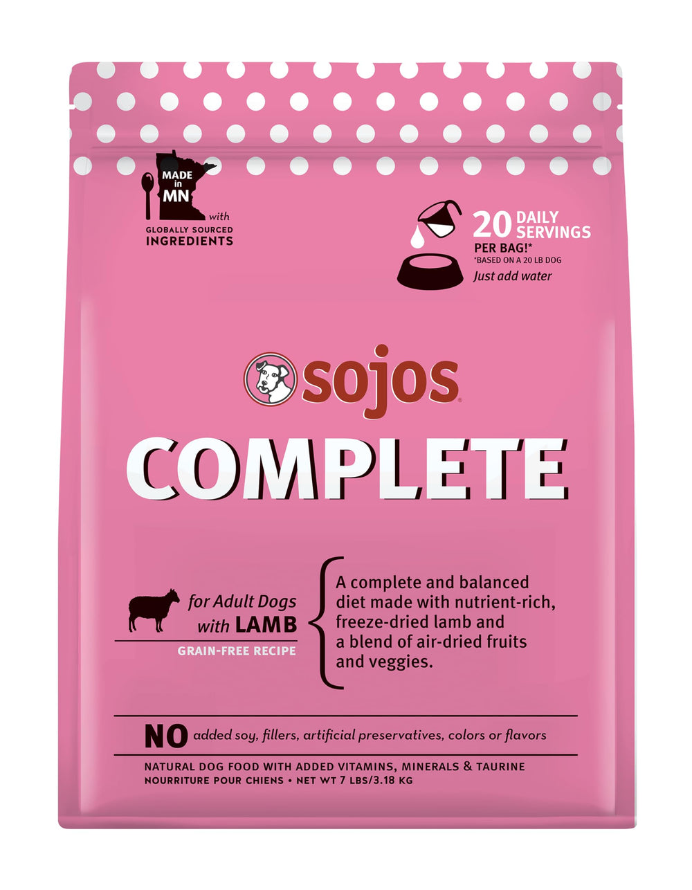 Sojos Complete Lamb Recipe bag shown for convenient raw feeding on busy days.