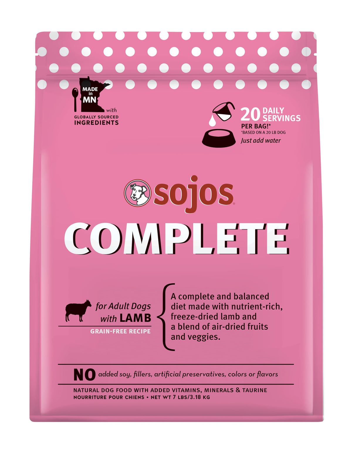 Sojos Complete Lamb Recipe bag shown for convenient raw feeding on busy days.