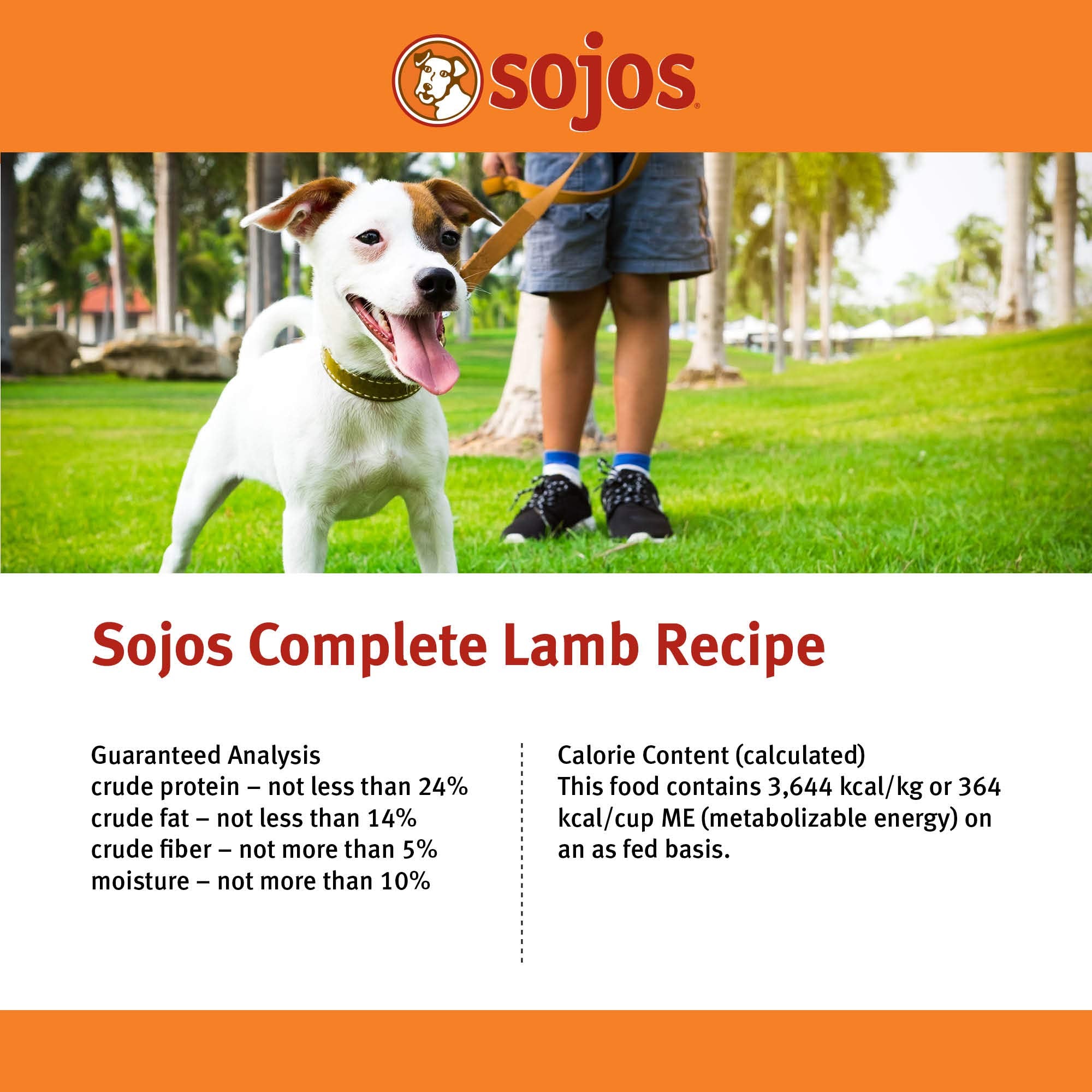 Sojos Complete Lamb Recipe packaging displaying shelf-stable ingredients.