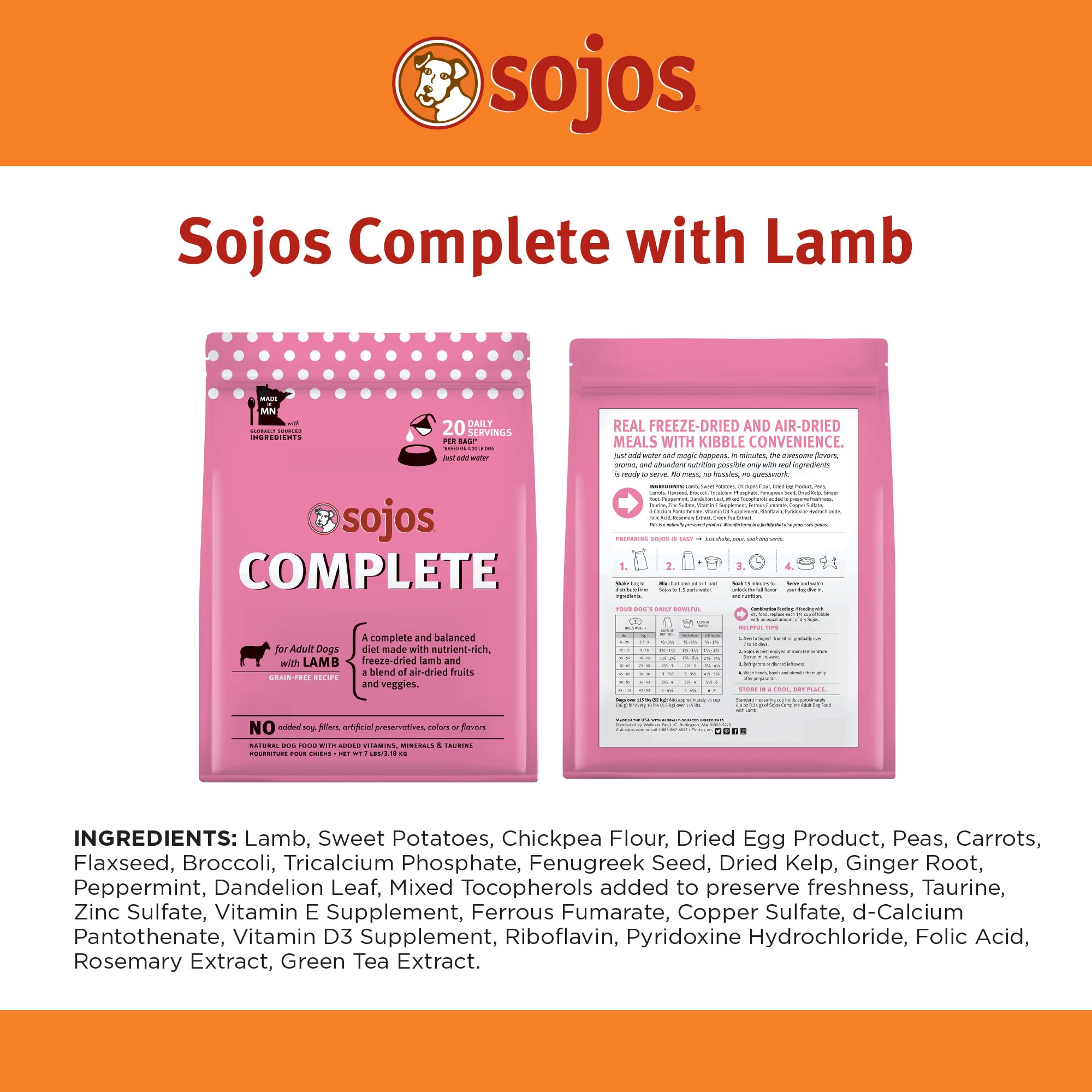 Sojos Complete Lamb Recipe texture close-up shows chunky real-food bites after soaking.