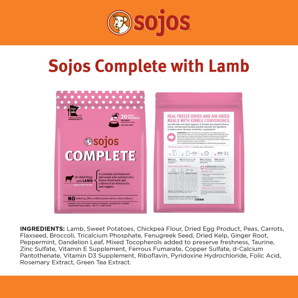 Sojos Complete Lamb Recipe texture close-up shows chunky real-food bites after soaking.