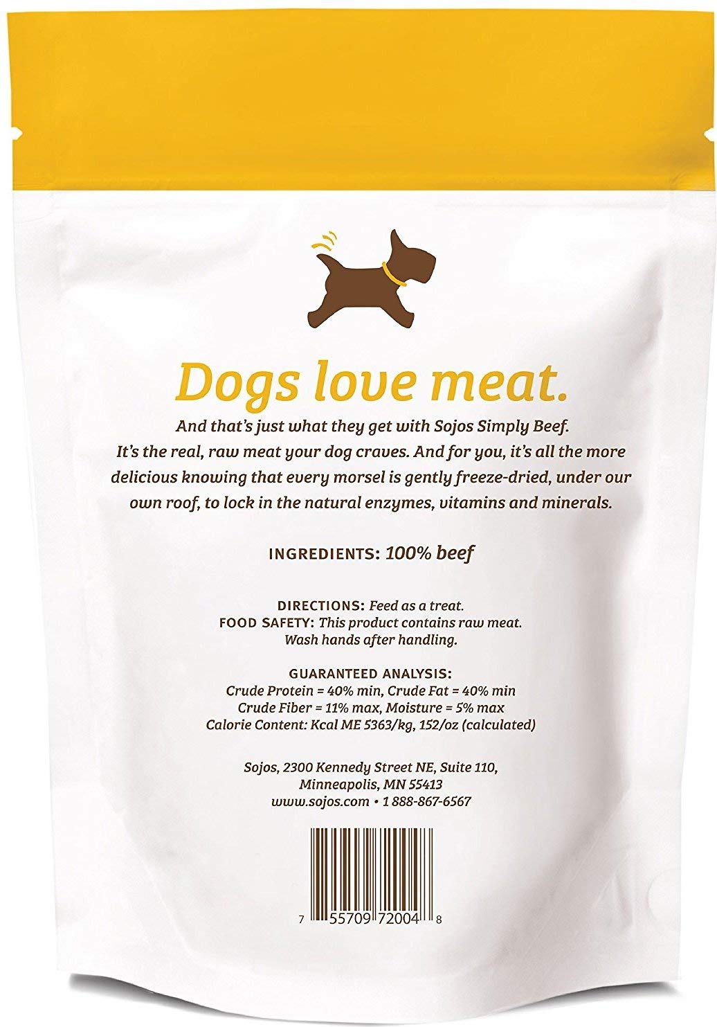 Sojos Simply Beef Dog Treats pack closeup, freeze-dried texture for tasty snacks