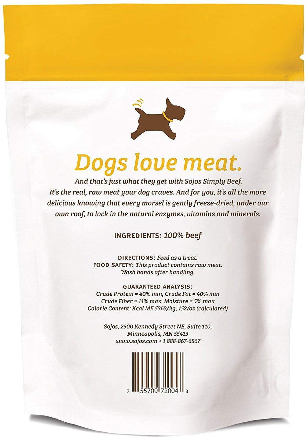 Sojos Simply Beef Dog Treats pack closeup, freeze-dried texture for tasty snacks
