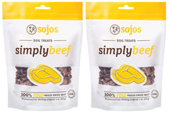 Sojos Simply Beef Dog Treats pack front, two bags ready for training rewards