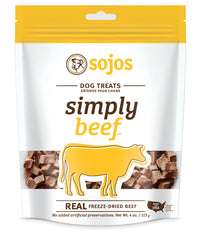 Sojos Simply Beef freeze-dried treats bag front, ideal daily rewards.